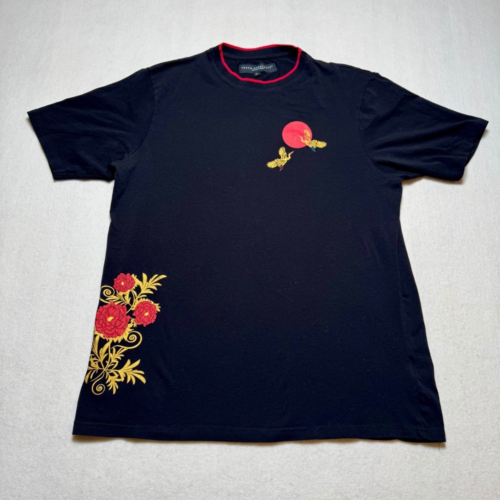 Truth Substance Mens Black Embroidered Crane Floral T-Shirt Large BT9H46BLKB